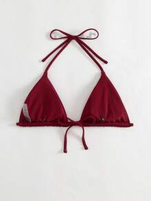 Swim Vcay Top de bikini halter de unicolor minimalista 2025, con tirante desmontable con nudo de lazo, para el verano - Burdeos - Ver 2