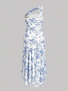 SHEIN MOD Plus Size Elegant Blue & White Floral Print High Slit Dress - Blue and White - View 2