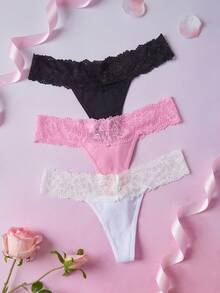 Elorette Set de 3 tangas de moda con parches de encaje de unicolor sin costuras - Multicolor - Ver 2