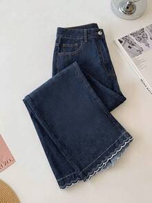 GlowEve Casual Dark Blue Washed Lace Trim Straight Leg Slim Fit Daily Wear Jeans For Women School Summer - Blue - View 6