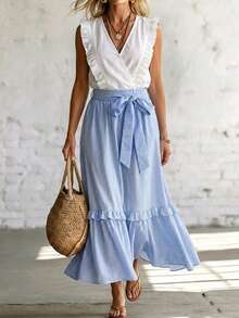 SHEIN LUNE Women's Spring/Summer Vacation Casual Tropical European Elegant Jamican Sexy V-Neck Flutter Sleeve Top And White Light Blue Skirt 2 Pieces Set - Blue and White - View 1