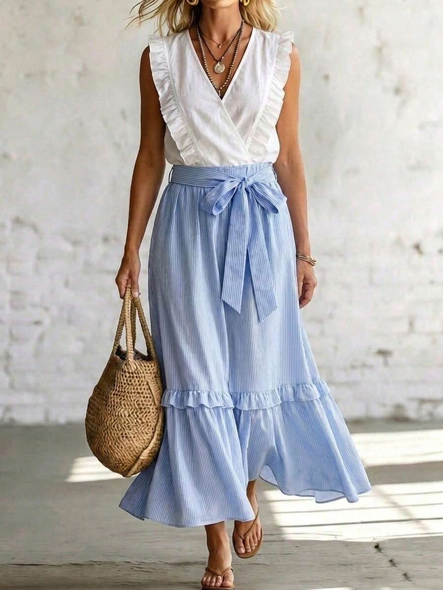 SHEIN LUNE Women's Spring/Summer Vacation Casual Tropical European Elegant Jamican Sexy V-Neck Flutter Sleeve Top And White Light Blue Skirt 2 Pieces Set - Blue and White - View 1