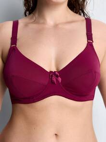 Slumbrini One Piece Plus Size Solid Color Stretchy Ultra-Thin Underwire Bra, Simple For Daily Wear - Burgundy - View 6