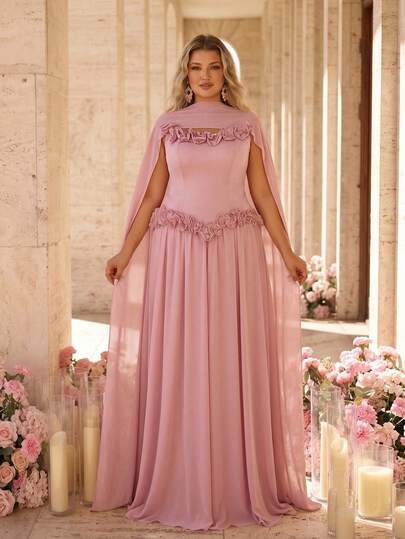 Glamrae Plus Size Elegant Luxurious Romantic Off-Shoulder Scarf Drape Fitted Waist 3D Floral Applique A-Line Evening Gown, Suitable For Dinner Party, Date, Ball, Vacation, Wedding Event, Heavy Embellished Guest Dress