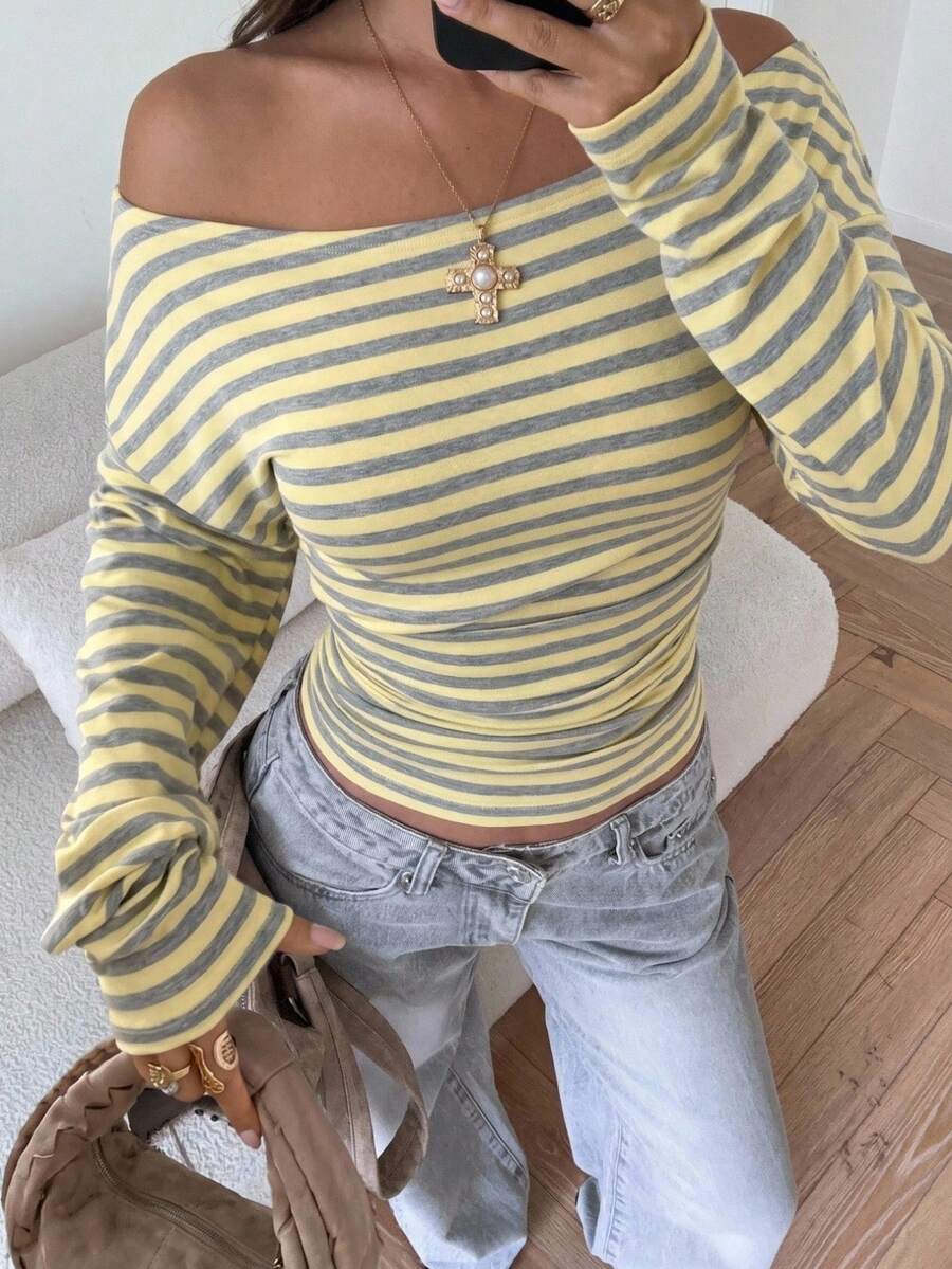 SHEIN EZwear 黄色条纹针织露肩修身T恤 - 鵝黃色 - 查看 1