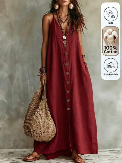 Louniche Robe d'été décontractée de vacances de couleur unie pour femmes