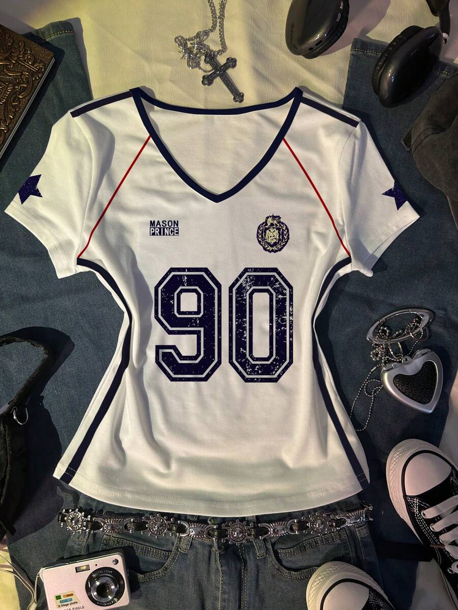 IslaSuriya 女款復古做舊海軍藍 #90 號球衣 T-shirt，修身 V 領短袖運動上衣 - 彩色 - 查看 1