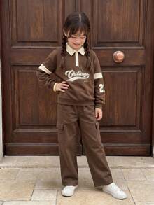 Casuvi Kids 青少年女孩復古美式學院風棕色運動衫&寬腿褲2件套，休閒返校穿搭，秋季卡其色長袖POLO領 - 彩色 - 查看 6
