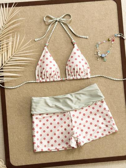 Swim Mod New Spring/Summer Multi-Color Polka Dot & Striped Patchwork Fashion European & American Sweet Girl Style Pink & Green Beach Vacation Bikini Set With High-Cut Shorts, 2-Piece Women's Swimsuit
