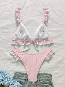 Swim Mod Girl's Special Fabric Striped Ruffle Triangle Bikini Top And V-Cut Flounce Triangle Bottom 2-Piece Set - Pink - View 2