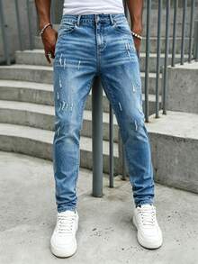 Manfinity Roughcore Aqua Blue Stretch Washed Denim Jeans With Distressed Design Slim Fit Skinny Leg Holiday Summer Streetwear - Blue - View 4