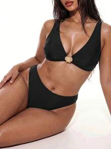 Oceva Women's Plus Size Solid Color 2-Piece Thick Strap Triangle Bikini Set For Vacation Beach Gold Summer Sexy Black - Black - View 1