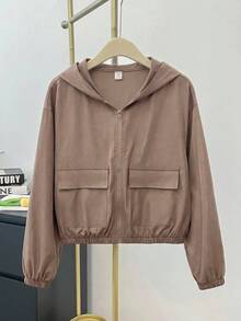 SHEIN Teen Girl Woven Solid Color Patch Pocket Short Loose Casual Hooded Autumn Winter Jacket , Holiday - Multicolor - View 10