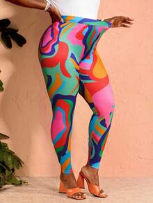 BrightlyHer Plus Size Colorful Printed High Waist Leggings Summer For Women Vacation Outfits Beach Outfits For Women - Multicolor - View 4