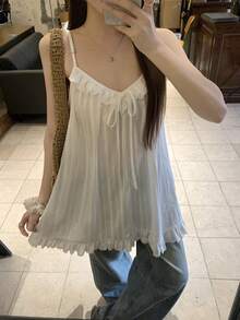 Dazy Tall Women's Summer Deep V-Neck Loose Striped Textured Fabric Frill Trim Long Cami Camisole Style Casual Vacation Style Tank Top - White - View 8