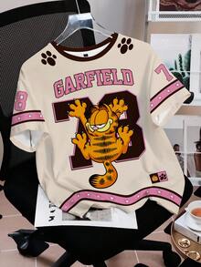GARFIELD | SHEIN 女款字母印花圓領短袖休閒T恤 - 白色 - 查看 1