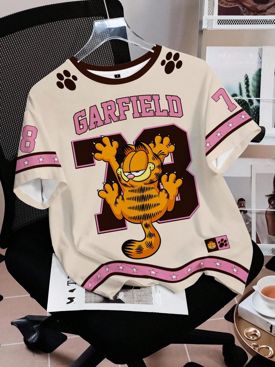 GARFIELD | SHEIN 女款字母印花圓領短袖休閒T恤 - 白色 - 查看 1