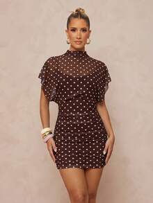 Lumalex Nuevo vestido mini ajustado con estampado de lunares, malla, manga corta, manga de pétalo y fruncido - Multicolor - Ver 2