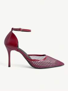 CUCCOO CHICEST Spring And Summer Grid Hollow Splicing Pointed Toe High Heel Elegant Patent Leather Mesh Yarn - Burgundy - View 2