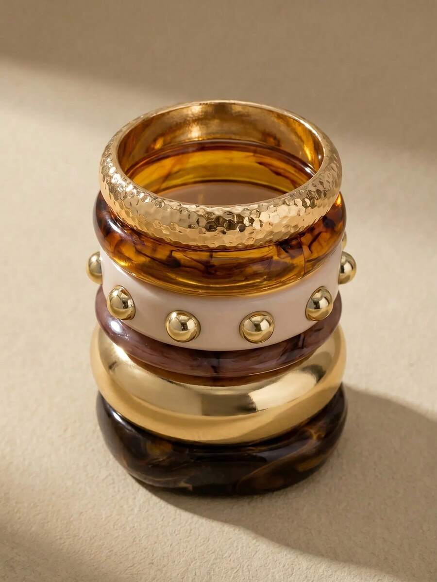 Arave 1pc Thick Resin Bangle, Women Layered Thick Bangle Set, Brown Acrylic Bracelet Cuff, Basic Daily Wear Jewelry Accessory - Multicolor - View 1