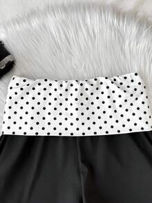 SHEIN Tween女孩修身休閒波點拼接純色短褲，適合夏季 - 黑色 - 查看 2