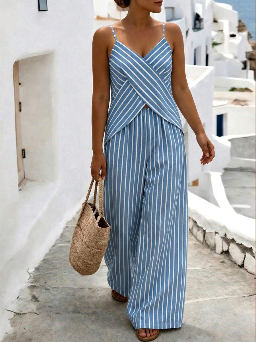 Linhara CURVE Women's Plus Size Blue & White Striped Print Deep V-Neck Symmetrical Criss-Cross Design Backless Camisole & Striped Print Loose Straight Leg Pants, Casual Daily Commute Fashion Elegant French Vintage Romantic Date Beach Vacation Summer New 2-Piece Set - Multicolor - View 1