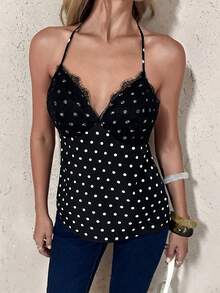Privoire Women's Spring/Summer Elegant Vacation Wear Black & White Polka Dot Strapless Cropped Lace Patchwork V-Neck Halter Top, Summer Tank Top, Fashion Tank Top, Women's Country Style, Summer Vacation Outfit, Casual Style, Party Tank Top, Women's Holiday Wear, Beachwear (Random Print) - Black - View 3