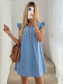 SHEIN LUNE 女款休閒丹寧洋裝，翻領設計、鈕扣裝飾與短版荷葉袖 - 黑色 - 查看 9