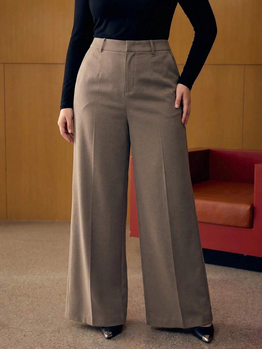 MOTF PREMIUM PLUS SIZE WOMEN SOLID SEAM FRONT WIDE LEG PANTS FALL - Grey - View 1