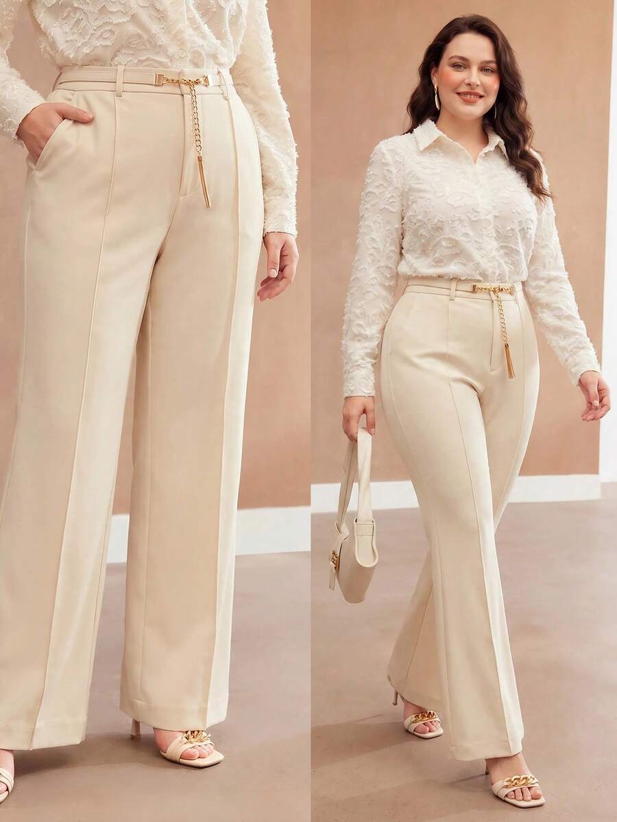 MOTF PREMIUM Pantalones largos de talla grande para mujer, elegantes y sofisticados, color albaricoque, con cinturón de borlas y hebilla metálica desmontable - Albaricoque - Ver 1