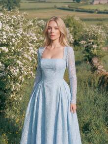 Swim Mod Light Blue,Wedding Guest Lace Patchwork 3D Embossed Floral Square Neck Long Sleeve A-Line Princess Gown Vintage 1800 Reception Dress Party Elegant - Blue - View 4