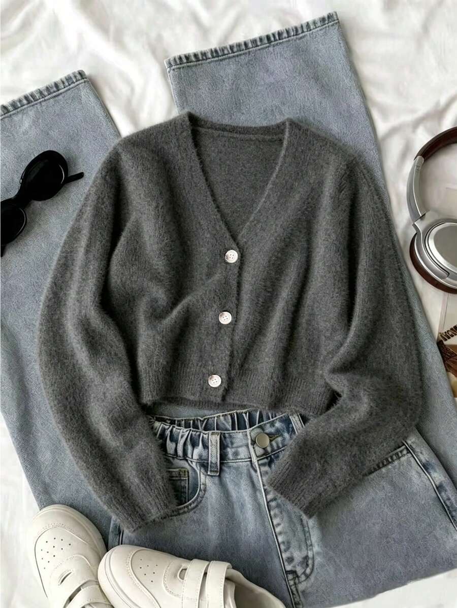 SHEIN 少女秋冬針織開襟衫,獨特設計搭配毛絨質感,展現女孩獨特時尚品味,適合家庭時光、派對、戶外活動以及萬聖節和聖誕節等節日聚會 - 灰色 - 查看 1