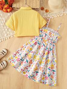 Conjunto de 2 piezas para niña KidsTween: camisa casual de vacaciones con nudo, chaqueta abierta con botones delanteros y vestido de tirantes finos con estampado floral menudo, amarillo - Amarillo - Ver 2
