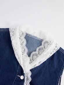 GlowEve CURVE Plus Size Women's Spring/Summer Single-Breasted Lace Patchwork Hooded Vest Jacket Button Pocket Long Pants Denim Two Pieces Set Navy Blue Casual - Dark Wash - View 5