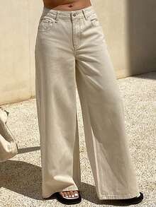 Livesso Tall Women's Solid Color Button Half-Placket Pocket Loose Straight Leg Vacation Style Jeans Summer - Beige - View 5