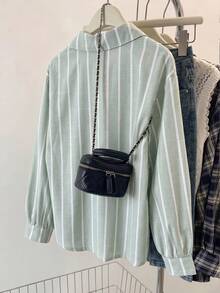SHEIN 少女長袖鈕扣領直條紋襯衫，胸前刺繡圖案，時尚休閒上衣罩衫，適合春季、秋季及四季穿著，適用日常穿著、外出與活動 - 綠色 - 查看 2
