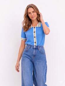Dayvera 休閒拼色條紋短袖開襟衫 - 藍色 - 查看 9