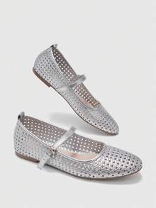 CUCCOO BIZCHIC Women's Shoes Silver Woven Hollow One-Buckle Mary Jane Flats - Silver - View 6
