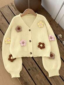SHEIN Vintaside Kids 甜美可愛 3D 淡黃色花卉 秋冬女童開襟針織衫 畢業季/告別學校款 - 黃色 - 查看 3