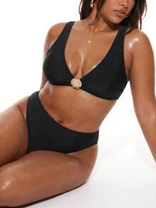 Oceva Women's Plus Size Solid Color 2-Piece Thick Strap Triangle Bikini Set For Vacation Beach Gold Summer Sexy Black - Black - View 3