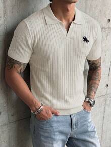 Manfinity Homme Men's Off-White Mature Style Short Sleeve Polo Sweater, Vertical Striped Knit With Embroidery - White - View 1