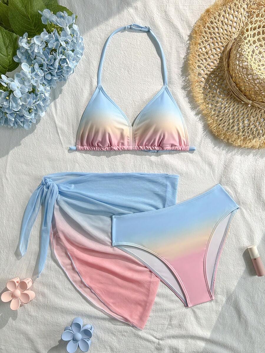SHEIN 女童 3 件式泳衣套裝,黑色系列,海灘度假派對,春/夏 - 彩色 - 查看 1