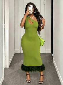 Glyssa Olive Green Summer Patchwork Faux-Fur Sexy Off-Shoulder Hollow-Out Knit Slim-Fit Midi Dress, Perfect For Summer Festivals, Parties Night Out - Green - View 1