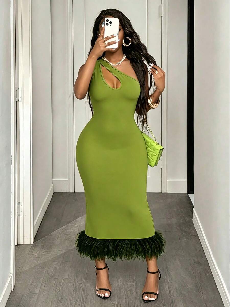 Glyssa Olive Green Summer Patchwork Faux-Fur Sexy Off-Shoulder Hollow-Out Knit Slim-Fit Midi Dress, Perfect For Summer Festivals, Parties Night Out - Green - View 1