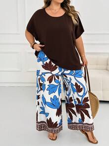 SHEIN CURVE+ 大尺碼 US22 音樂節海邊度假波希米亞風 2 件組女款度假寬鬆襯衫與碎花長褲套裝 夏季穿搭 - 彩色 - 查看 8