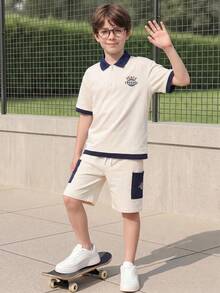 Casuvi Kids 2pcs/Set Teenager Boys' Outfit Navy Blue,Summer,Casual,School,Back-To-School American College Style Polo Shirt&Cargo Shorts Tween Boy Clothes Set - Beige - View 7