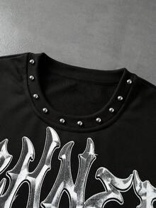 ROMWE MEN Men's Rivet Decor Graphic Print Loose Fit Long Sleeve T-Shirt - Black - View 3