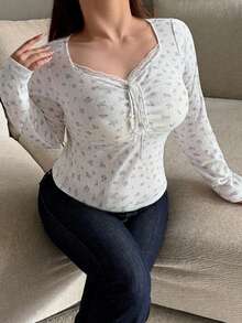 Dazy Plus Plus Size Spring/Autumn Casual Ditsy Floral T-Shirt - Mint Green - View 2