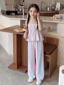 Casuvi Kids Casuvi 少女两件套：彩虹条纹吊带背心和阔腿裤，休闲可爱的夏季套装，适合日常穿着和度假。 - 彩色 - 查看 4