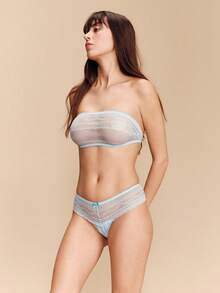 lacRébo Pastel Blue Lace Lingerie Set With Bandeau And Thong,Cute Style Sexy See Through Strapless Bra Bralette Sets - Blue - View 4